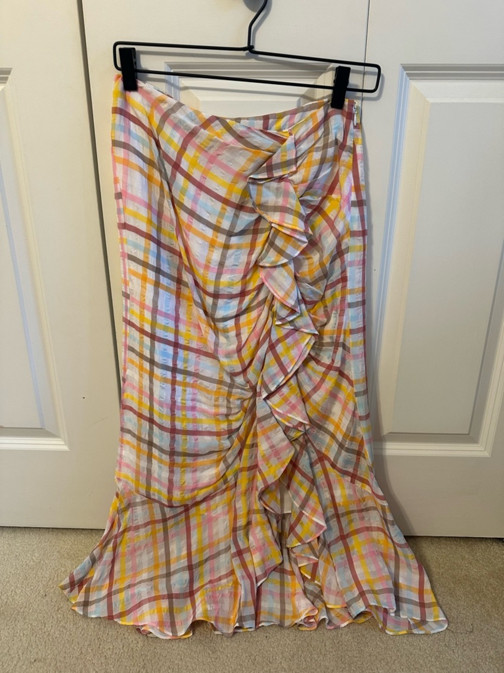 cinq a sept Plaid Ruffle Midi Skirt